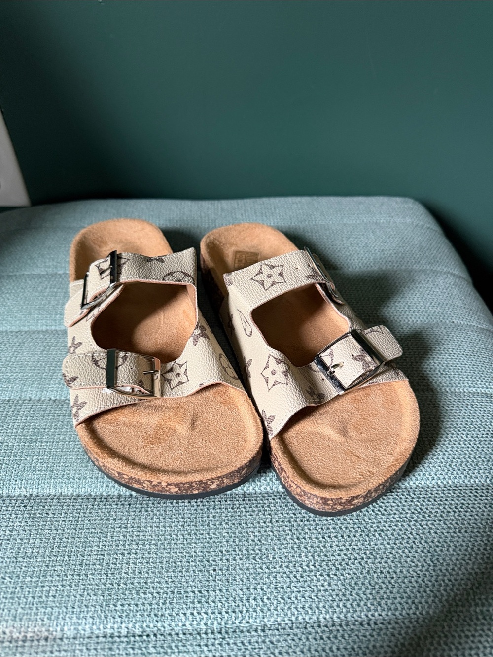 Women’s Beige Patterned Double-Buckle Slide Sandals